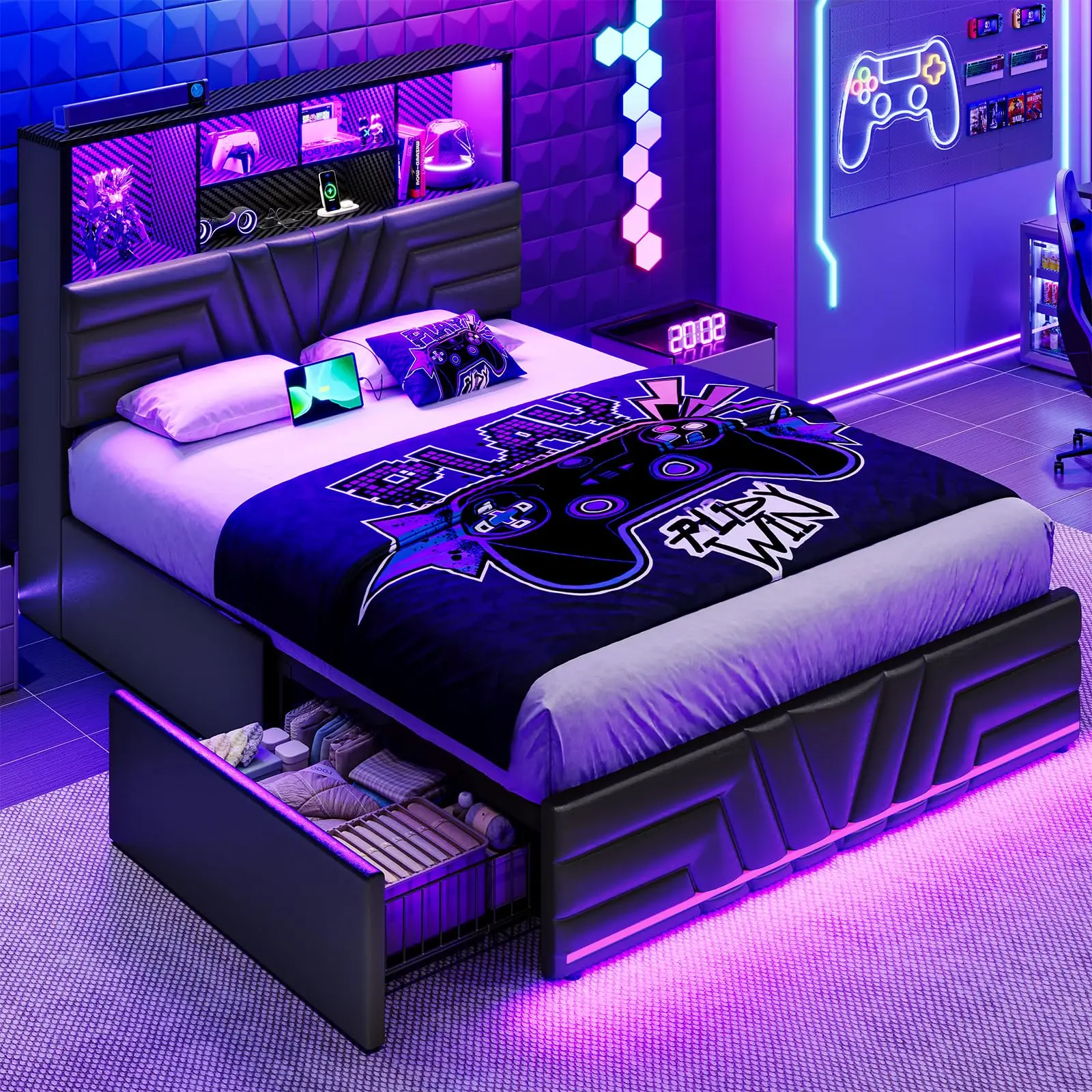 Esports Gaming Bed - Full Size Bed Frame with 4